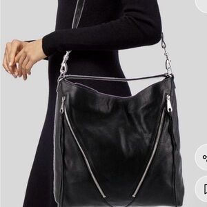 Rebecca Minkoff Moto Hobo Handbag Black pebbled leather with silver hardware
